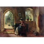 Edward John Cobbett (1815-1899) - Oil painting - "Mrs Peek at Cobham, Kent", seated woman by an open