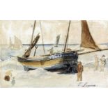 Stanislas Lepine (1835-1892) - Watercolour - Beach scene with fishermen and fishing boat, 6.25ins