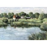 William Lambert Bell (1904-1983) - Oil painting - Rural river landscape with oast houses to