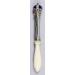 A William IV silver tipstaff with ivory handle, with cast silver crown over plain stem, London 1832,