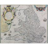 Humphrey Lhuyd (1527-1568) - Coloured engraving - Angliea Regni - Map of England and Wales, 15ins