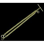 An 18ct gold double chain Albert with sliding T-bar and with circular ring and swivel fittings to