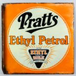 An early 20th Century "Pratts Ethyl Petrol" double sided enamel sign in black, orange and cream,