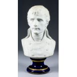 A 19th Century French white bisque porcelain bust of Napoleon as First Consul, on blue and gilt