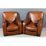 A pair of modern "Totnes" square back easy chairs by John Lewis, upholstered in brown hide, on