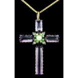 A 9ct gold mounted amethyst, diamond, peridot and pearl cross pendant, the centre set with