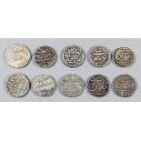 A collection of ten Indian silver rupees (Orchwa, Lahore, Bahadur, Gwalior and Mumbai), 19-23mm