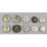 Ten Roman silver denarii and antoninii (Trajan, Antonius Pios, Septimus Sevrius, Julia Domna,