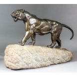 An early 20th Century French green patinated bronze figure of a panther with open jaw, mounted on