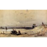Alfred Montague (1832- circa 1883) - Watercolour - Beach scene with figures on shoreline, 7.5ins x