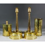 A pair of First World War brass "trench art" pillar candlestick, 11.5ins high, and four other pieces