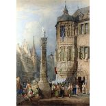 Samuel Prout (1783-1852) - Watercolour - Continental street scene with column and figures, 25.5ins x