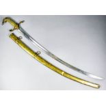 A 19th Century scimitar, the 29ins bright steel double fullered blade, cast brass hilt with lion's
