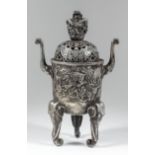 A Chinese plated metal "Elephant" censer and cover, the pierced cover with dragon and cloud