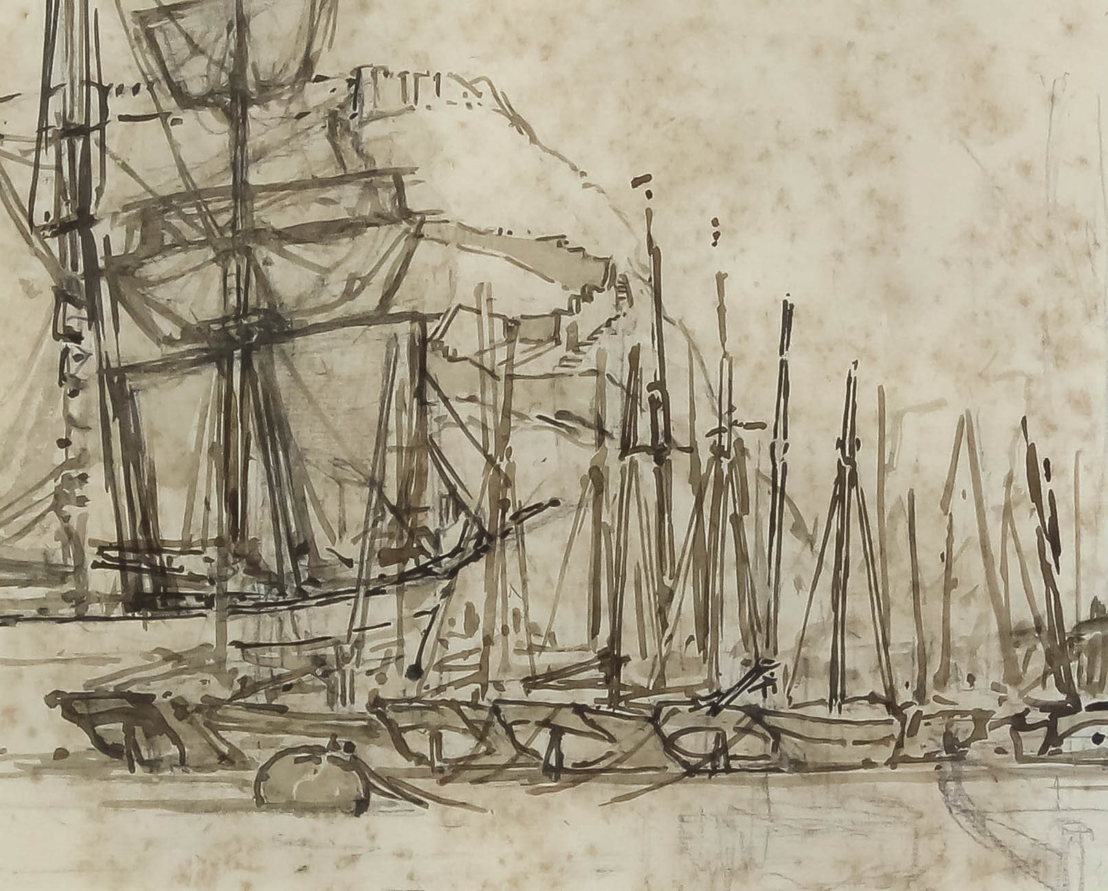 Manner of Eugene Boudin (1824-1898) - Pencil, ink and wash drawing - Fishing vessels in a harbour