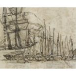 Manner of Eugene Boudin (1824-1898) - Pencil, ink and wash drawing - Fishing vessels in a harbour