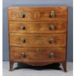 A George III figured mahogany bow front chest inlaid with boxwood stringings and with square top