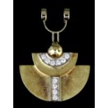 A modern 18ct gold mounted diamond pendant of Art Deco design of semi-circular form, set with ten