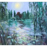 ***Evelyne Boren (20th Century) - Oil painting - "Moon over Monet's Lily Pond", canvas 36ins x