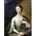 18th Century English school - Oil painting - Half length portrait of a young woman in low cut dress,