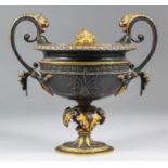 A late 19th/early 20th Century brown patinated bronze and parcel gilt two-handled vase of