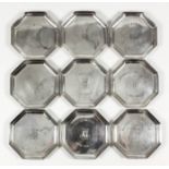 Nine Elizabeth II silver octagonal coasters, 3.25ins wide, by John Pinches Ltd, London 1968,