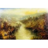 Manner of J.M.W Turner (1775-1851) - Oil painting - An idealised moonlit landscape of river and town