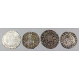 Four Charles I (1625-1649) shillings, mint marks Tun (1636-1638), Anchor (1638-1639), Star (1640-