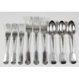 Eight George IV silver fiddle pattern table forks, by William M. Traies, London 1824, nine