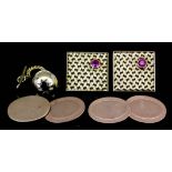 A pair of 9ct rose gold oval cufflinks, a pair of 9ct gold and gem set square cufflinks (gross