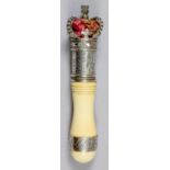 An early 19th Century silver and ivory tipstaff, the cast royal crown over an engraved design of oak