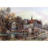 19th Century English school - Watercolour - River landscape with mill by bridge and horses watering,