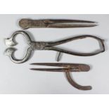 A pair of 19th Century steel sugar cutters, 9.25ins overall, a pair of steel dividers by Thomas