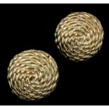 A pair of modern 18ct gold earrings (for pierced ears) of circular basket weave pattern (gross