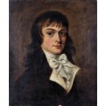 19th Century English school - Oil painting - Shoulder length portrait of a young man, canvas 15ins x