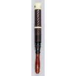 A Victorian/Edwardian Indian engine turned hardwood and ivory truncheon with carved ivory crown,