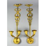 A pair of 19th/20th Century Continental ormolu two-branch wall appliques of caduceus form, 23.