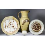 Two matching Patty Elwood studio pottery jugs, 8.5ins and 9.5ins high, a large Patty Elwood jug,