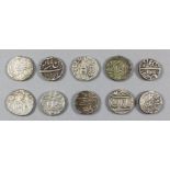 A collection of ten Indian silver rupees (Alambia, Alwar, Awadh, Bundi, Alyjah, Hyderabad, Mahcattas