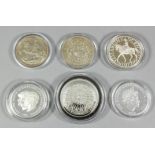 A George V 1935 Jubilee Crown, a George VI 1937 Coronation Crown, two Elizabeth II 1977 silver proof