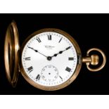 A George V 9ct gold half hunting cased keyless pocket watch by A. W. W. Co Waltham, Mass., No.