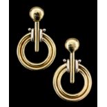 A pair of modern 18ct gold drop earrings (for pierced ears) of geometric circular form, 35mm drop (
