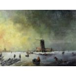 20th Century Dutch school - Oil painting - Winter landscape with figures and windmill, board 10.