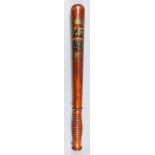 A Victorian turned wood truncheon, painted with "V.R.", over "G.S.C." over "28." within oval