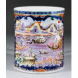 A Chinese blue and white porcelain cylindrical tankard with moulded dragon pattern handle, the whole