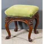 A Victorian rosewood square stool, the seat upholstered in green velour, heavy moulded framework