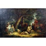 Manner of George Morland (1763-1804) - Oil painting - Cottagers at rest in a wooded landscape,