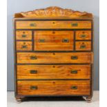 A late 19th Century Anglo-Chinese brass bound teak military secretaire chest in two sections with