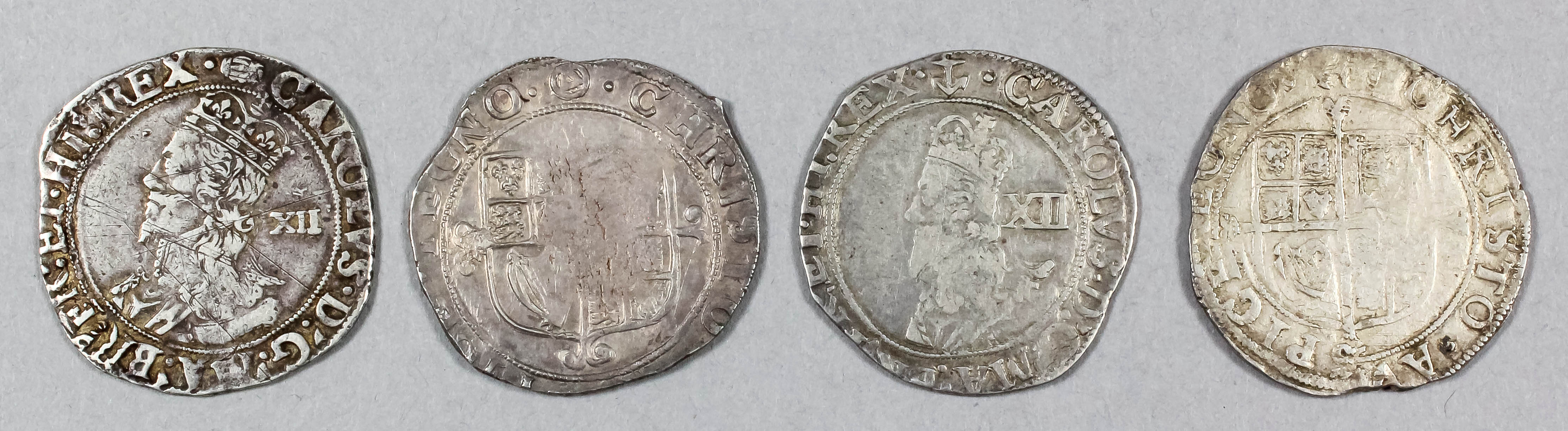 Four Charles I (1625-1649) shillings, mint marks Tun (1636-1638), Anchor Vertical (1638-1639),