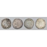 Four Charles I (1625-1649) shillings, mint marks Tun (1636-1638), Anchor Vertical (1638-1639),